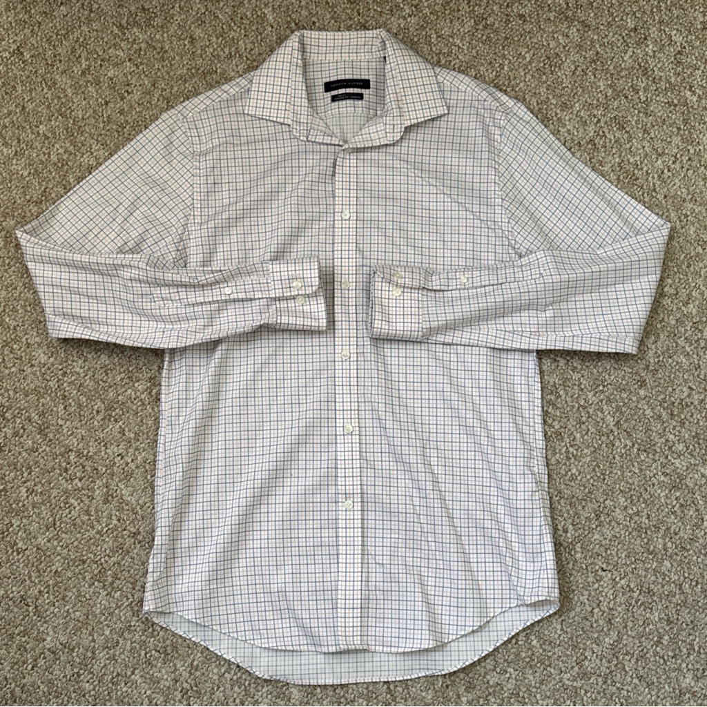 Tommy Hilfiger Men's Athletic Fit White Dress Shirt With Blue Microcheck